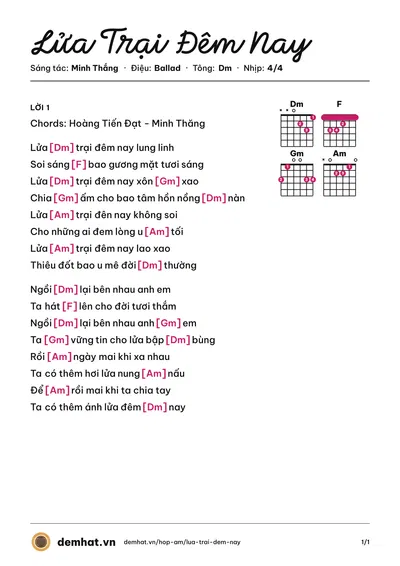 Hợp âm Lửa Trại Đêm Nay (Minh Thắng) – bản nhạc PDF trang 1, tông Dm
