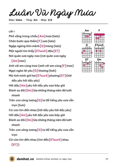 Hợp âm Luân Vũ Ngày Mưa (Bảo Hân) – bản nhạc PDF trang 1, tông Am