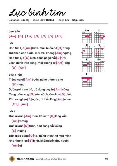 Hợp âm Lục bình tím (Minh Luân) – bản nhạc PDF trang 1, tông Am