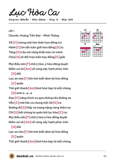 Hợp âm Lục Hòa Ca (Đặng Dung) – bản nhạc PDF trang 1, tông C