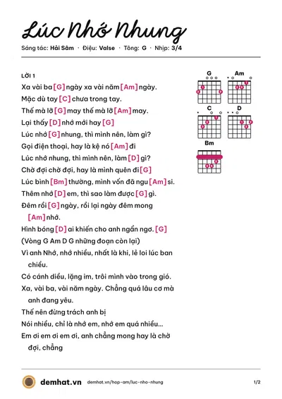 Hợp âm Lúc Nhớ Nhung (Hải Sâm) – bản nhạc PDF trang 1, tông G