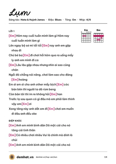 Hợp âm Lụm (Pjnboys) – bản nhạc PDF trang 1, tông Em