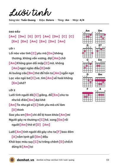 Hợp âm Lưới tình (Tuấn Quang) – bản nhạc PDF trang 1, tông Am
