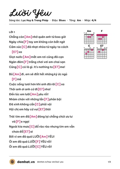 Hợp âm Lười Yêu (Bảo Anh) – bản nhạc PDF trang 1, tông Am