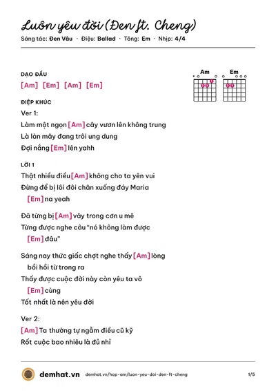 Hợp âm Luôn yêu đời (Đen ft. Cheng) (Đen Vâu) – bản nhạc PDF trang 1, tông Em