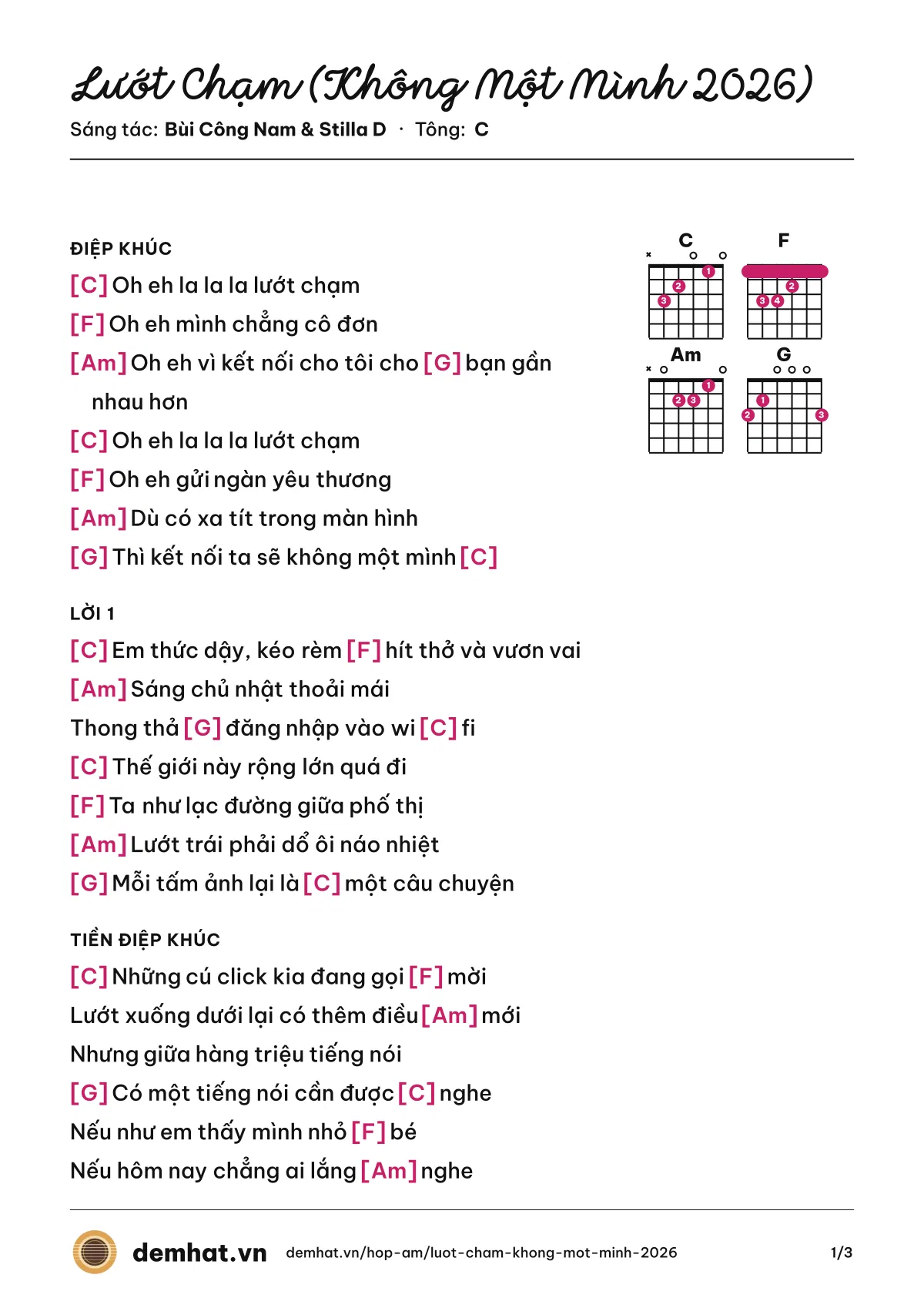 Hợp âm Lướt Chạm (Không Một Mình 2026) (Bùi Công Nam) – bản nhạc PDF trang 1, tông C