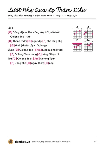 Hợp âm Lướt Nhẹ Qua Lẹ Trăm Điều (Bích Phương) – bản nhạc PDF trang 1, tông C