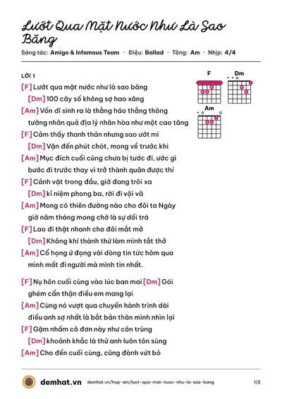 Hợp âm Lướt Qua Mặt Nước Như Là Sao Băng (Amigo) – bản nhạc PDF trang 1, tông Am