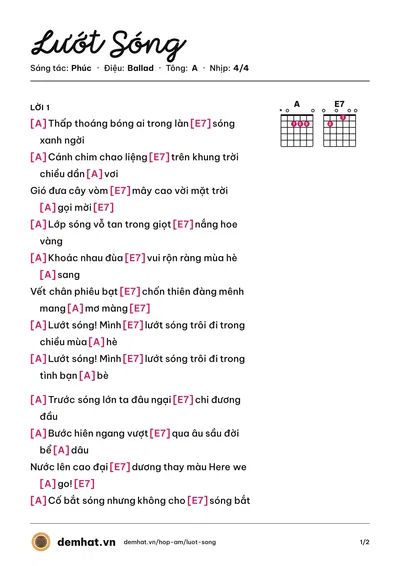 Hợp âm Lướt Sóng (Phúc) – bản nhạc PDF trang 1, tông A