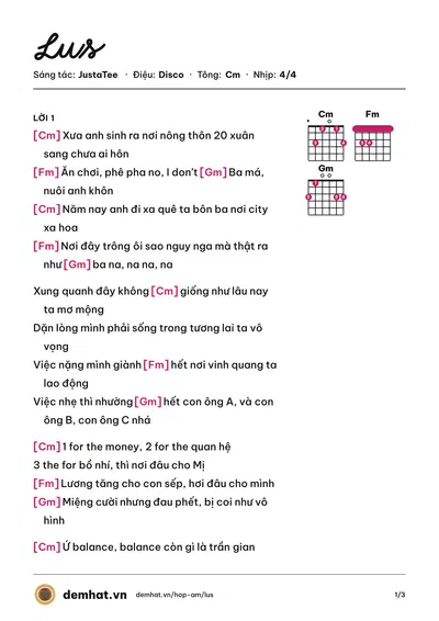 Hợp âm Lus (JustaTee) – bản nhạc PDF trang 1, tông Cm