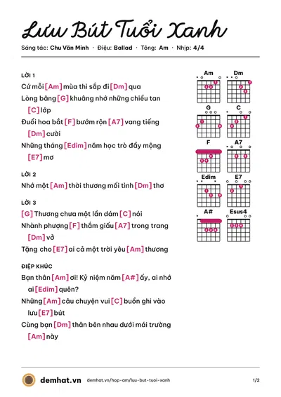 Hợp âm Lưu Bút Tuổi Xanh (Chu Văn Minh) – bản nhạc PDF trang 1, tông Am