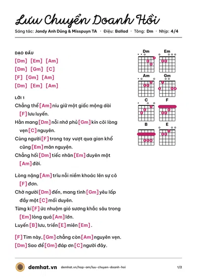 Hợp âm Lưu Chuyển Doanh Hồi (Misspuyn TA) – bản nhạc PDF trang 1, tông Dm