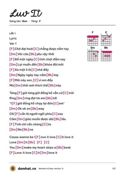 Hợp âm Luv It (Bon) – bản nhạc PDF trang 1, tông F