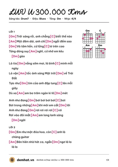 Hợp âm LUV U 300.000 Kms (Drum7) – bản nhạc PDF trang 1, tông Dm