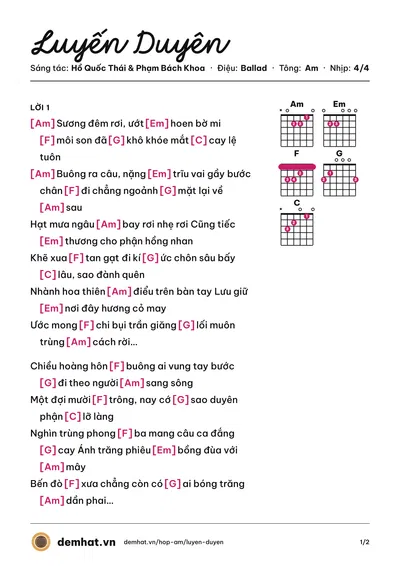 Hợp âm Luyến Duyên (Phạm Bách Khoa) – bản nhạc PDF trang 1, tông Am