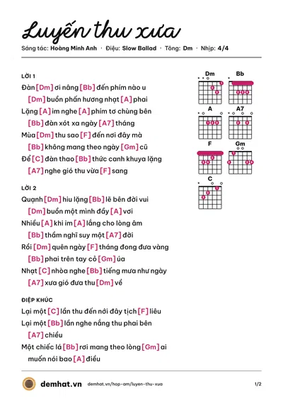 Hợp âm Luyến thu xưa (Hoàng Minh Anh) – bản nhạc PDF trang 1, tông Dm