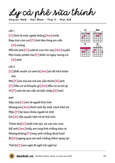 Hợp âm Ly cà phê sữa thính (Bích Phương) – bản nhạc PDF trang 1, tông C
