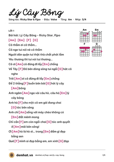Hợp âm Lý Cây Bông (Ricky Star) – bản nhạc PDF trang 1, tông Am