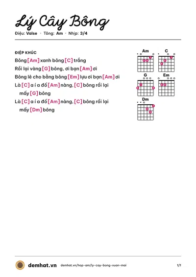 Hợp âm Lý Cây Bông (Xuân Mai) – bản nhạc PDF trang 1, tông Am