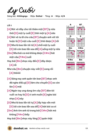 Hợp âm Ly Cuối (4thằngngu) – bản nhạc PDF trang 1, tông A