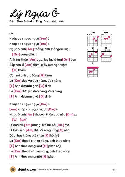 Hợp âm Lý Ngựa Ô (Ái Vân) – bản nhạc PDF trang 1, tông Dm
