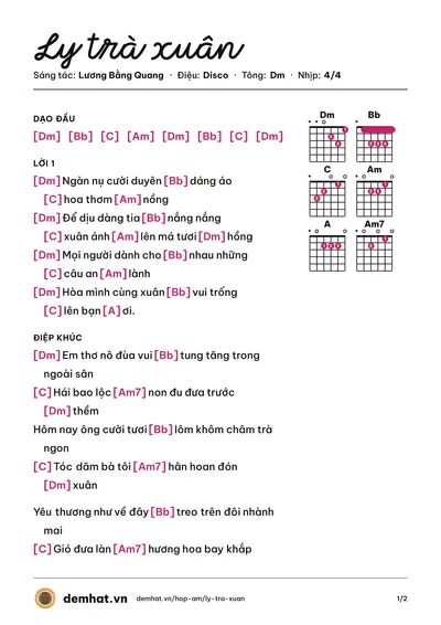Hợp âm Ly trà xuân (Vy Oanh) – bản nhạc PDF trang 1, tông Dm