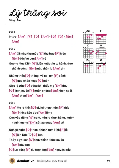 Hợp âm Lý trăng soi (Huỳnh Nguyễn Công Bằng) – bản nhạc PDF trang 1, tông Am