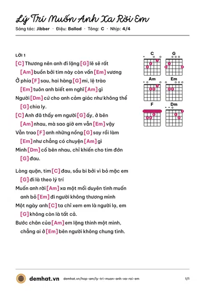 Hợp âm Lý Trí Muốn Anh Xa Rời Em (Jibber) – bản nhạc PDF trang 1, tông C