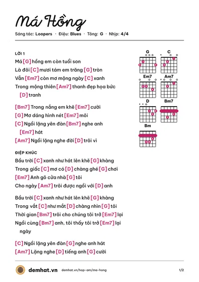 Hợp âm Má Hồng (Ánh Thu) – bản nhạc PDF trang 1, tông G
