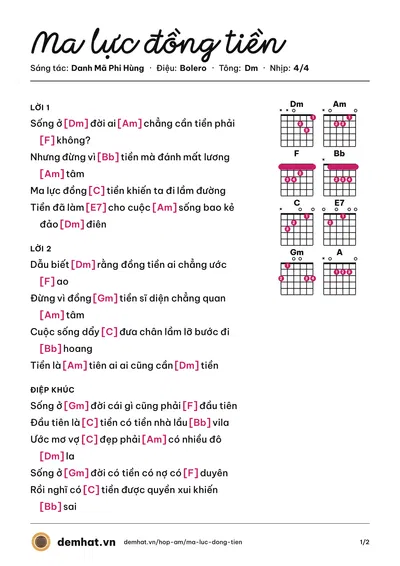 Hợp âm Ma lực đồng tiền (Khang Lê) – bản nhạc PDF trang 1, tông Dm