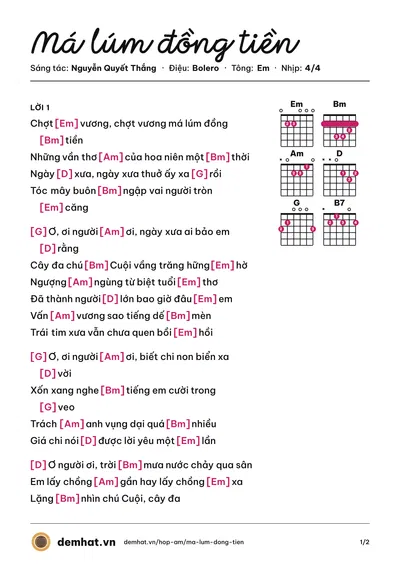 Hợp âm Má lúm đồng tiền (Nguyễn Quyết Thắng) – bản nhạc PDF trang 1, tông Em