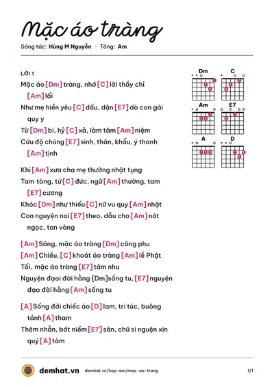 Hợp âm Mặc áo tràng (Hùng M Nguyễn) – bản nhạc PDF trang 1, tông Am