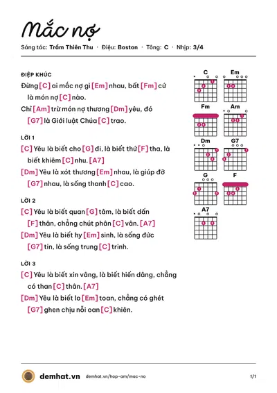 Hợp âm Mắc nợ (Ca đoàn Việt Linh) – bản nhạc PDF trang 1, tông C