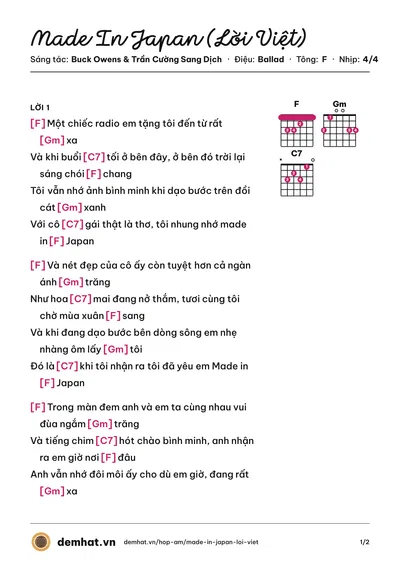 Hợp âm Made In Japan (Lời Việt) (Buck Owens) – bản nhạc PDF trang 1, tông F