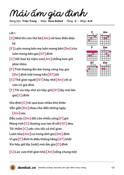 Hợp âm Mái ấm gia đình (Triệu Trang) – bản nhạc PDF trang 1, tông C