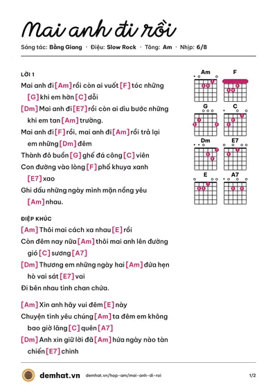 Hợp âm Mai anh đi rồi (Trường Vũ) – bản nhạc PDF trang 1, tông Am