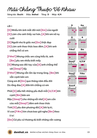 Hợp âm Mãi Chẳng Thuộc Về Nhau (Bozitt) – bản nhạc PDF trang 1, tông D