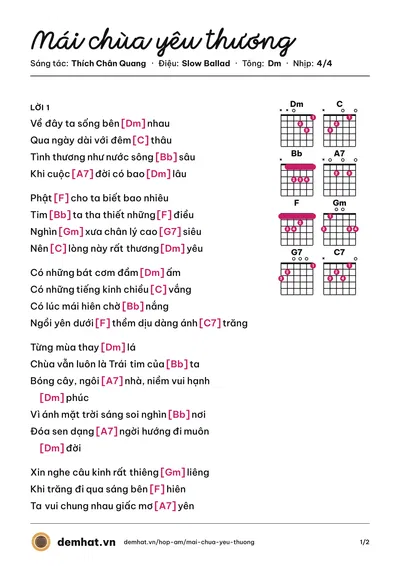 Hợp âm Mái chùa yêu thương (Dzoãn Minh) – bản nhạc PDF trang 1, tông Dm