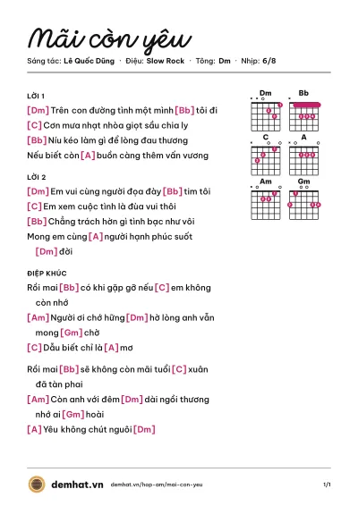Hợp âm Mãi còn yêu (Đàm Vĩnh Hưng) – bản nhạc PDF trang 1, tông Dm