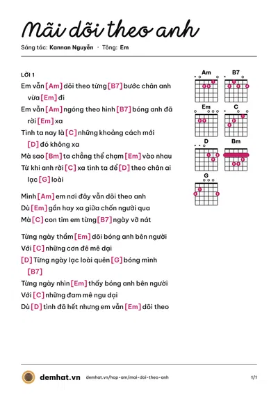 Hợp âm Mãi dõi theo anh (Kannan Nguyễn) – bản nhạc PDF trang 1, tông Em