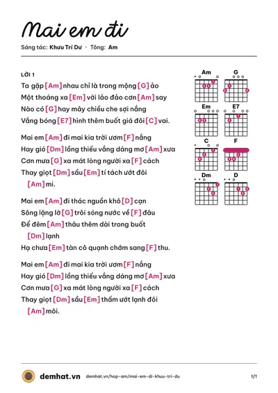 Hợp âm Mai em đi (Lệ Thu) – bản nhạc PDF trang 1, tông Am