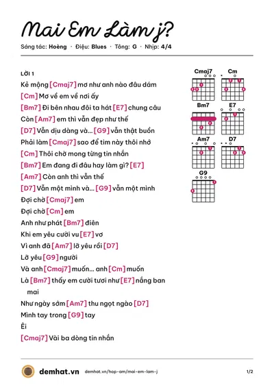 Hợp âm Mai Em Làm j? (Hoèng) – bản nhạc PDF trang 1, tông G