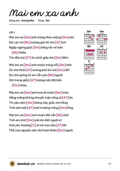 Hợp âm Mai em xa anh (Hà Thanh) – bản nhạc PDF trang 1, tông Dm