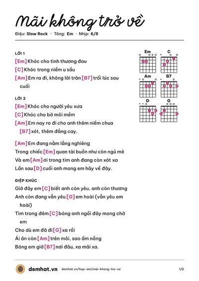 Hợp âm Mãi không trở về (Nguyễn Thắng) – bản nhạc PDF trang 1, tông Em