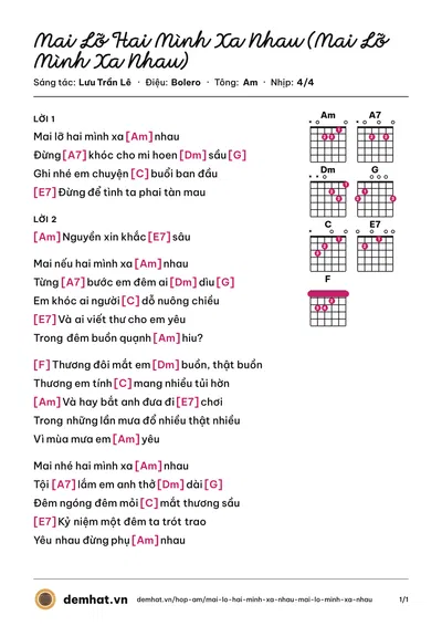 Hợp âm Mai Lỡ Hai Mình Xa Nhau (Mai Lỡ Mình Xa Nhau) (Trường Vũ) – bản nhạc PDF trang 1, tông Am