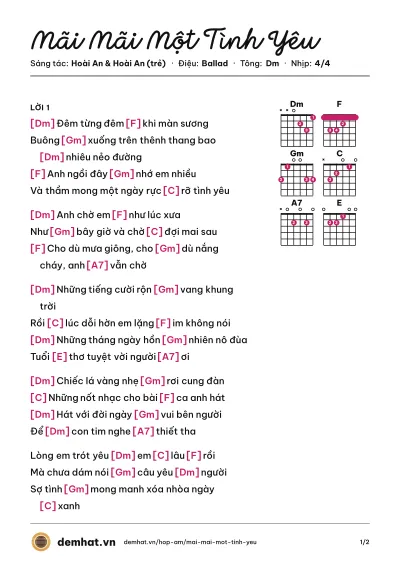 Hợp âm Mãi Mãi Một Tình Yêu (Đan Trường) – bản nhạc PDF trang 1, tông Dm