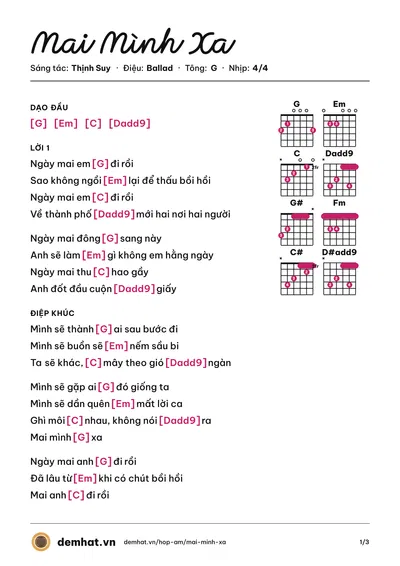 Hợp âm Mai Mình Xa (Thịnh Suy) – bản nhạc PDF trang 1, tông G