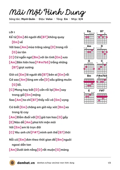 Hợp âm Mãi Một Hình Dung (Nguyễn Hồng Nhung) – bản nhạc PDF trang 1, tông Em