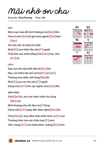 Hợp âm Mãi nhớ ơn cha (Lê Sang) – bản nhạc PDF trang 1, tông Dm