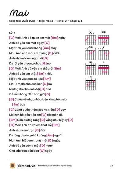 Hợp âm Mai (Elvis Phương) – bản nhạc PDF trang 1, tông G
